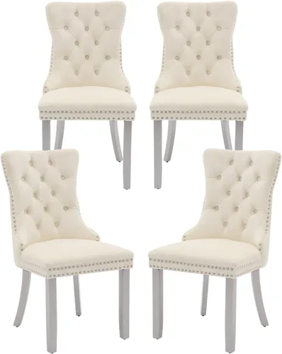 Miniatura 61 de Juego de 2 sillas de comedor de terciopelo, silla de comedor tapizada de alta gama con tirador de anillo en la espalda, adorno de clavos y patas