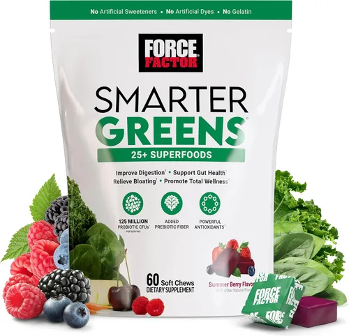 Force Factor Smarter Greens Superfood - Masticables, verduras y superalimentos para apoyar la salud intestinal, la hinchazón y la digestión, con