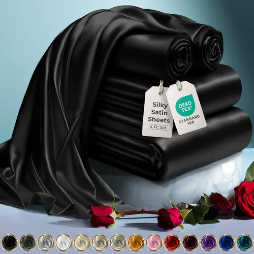 Miniatura 39 de DECOLURE Sábanas de satén para cama - Juego de 6 piezas de ropa de cama de lujo sedosa tamaño King - Más suave que la seda, sin arrugas con sábana