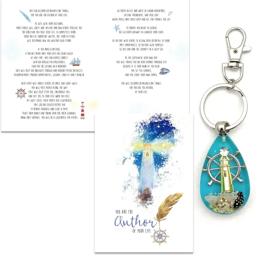 Smiling Wisdom | Tarjeta de graduación | Tarjeta de felicitación de autor de tu vida y luz para otros llavero de faro set de regalo | Consejos de