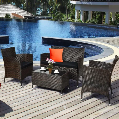 Miniatura 4 de COSTWAY Juego de 4 muebles de ratán para patio, sillas de mimbre para exteriores con mesa auxiliar, juego de conversación acolchado de ratán