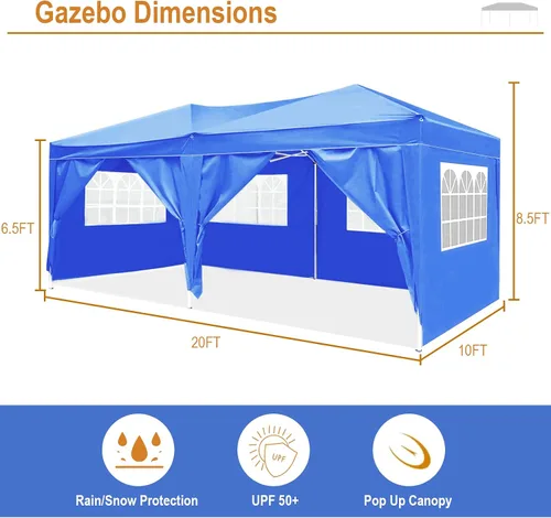Miniatura 6 de 10x20 Azul Carpa Plegable para Exterior con 6 Paredes Laterales, Carpa para Bodas y Fiestas al Aire Libre Resistente al Agua para Fiestas UV50