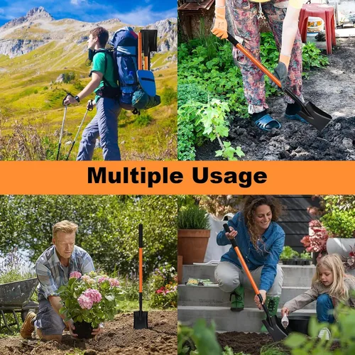 Miniatura 6 de Pala pequeña cuadrada de 43.3 pulgadas con mango de metal, herramienta de jardín para acampar, cultivar, jardinería, excavación, color naranja