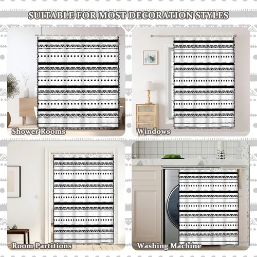 Miniatura 2 de AOFOTO Cortina de Ducha Boho con Patrón Geométrico de Rayas Negras Cortinas de Ducha para Baño con Borlas Cortina de Ducha Bohemia Decoración