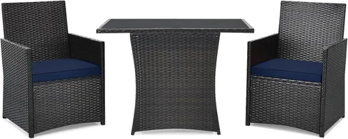 COSTWAY Juego de muebles de ratán para patio, 3 piezas, sofá, reposabrazos y cubierta de jardín, azul marino