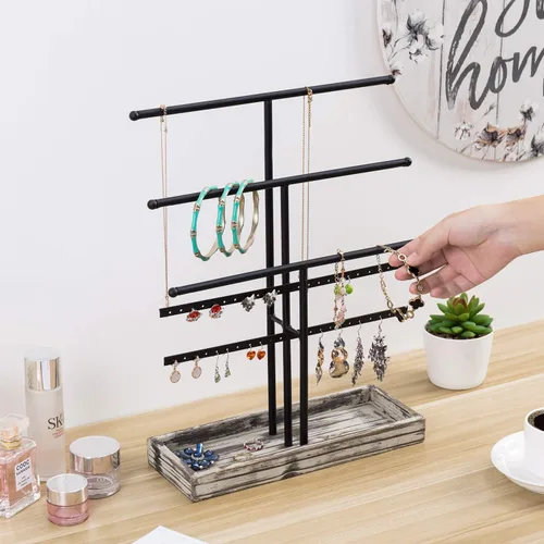 Miniatura 3 de MyGift - Estante organizador de joyería de metal negro de 3 niveles con collar y barras en T perchas para pendientes y bandeja de madera para anillos
