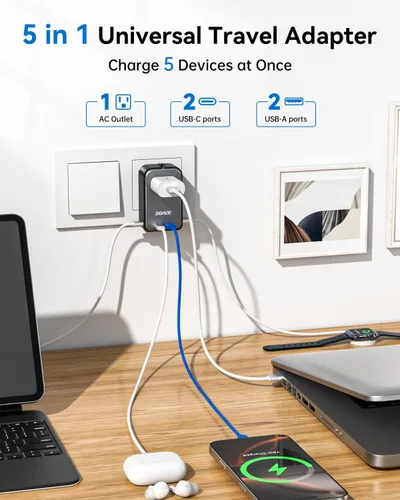 Miniatura 4 de DOACE Adaptador de viaje Pico de 20 W, adaptador de corriente universal de 5 puertos, 1 CA, 2 USB C y 2 USB-A, adaptador de enchufe internacional