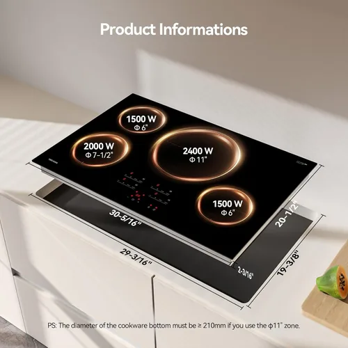 Miniatura 6 de Placa de Inducción de 30 Pulgadas de 7400W, Placa de Inducción Empotrable con 4 Quemadores Boost, Temporizador y Bloqueo de Seguridad Infantil, 9