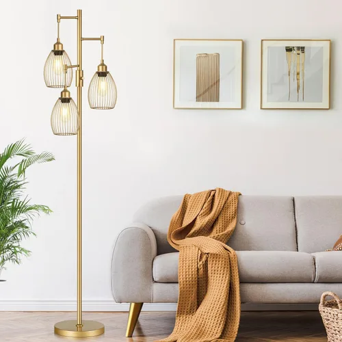 Miniatura 6 de Lámpara de pie regulable, lámparas de pie industriales para sala de estar, lámpara de árbol dorada, lámparas altas con 3 elegantes cabezales