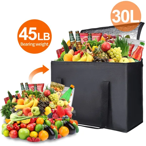 Miniatura 4 de Bolsa térmica, suave y aislada, bolsa de alimentos plegable para entrega de alimentos, portátil, color negro, paquete de 4, tamaño L