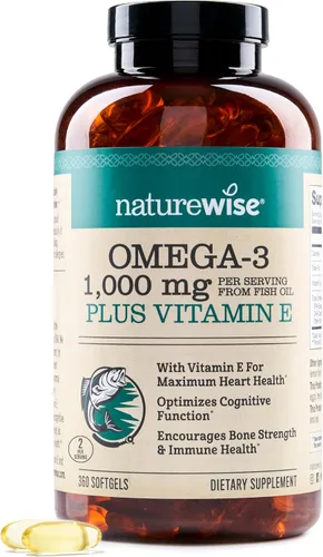 NatureWise Suplemento de aceite de pescado Omega 3 extra fuerte – 1000 mg por porción – 600 EPA y 400 DHA y vitamina E – Apoyo para la salud del