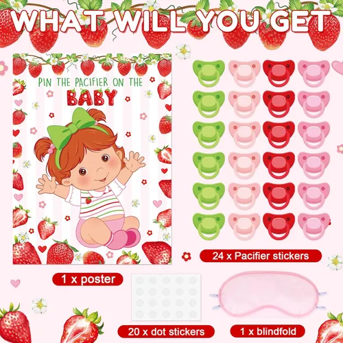 Miniatura 3 de Faccito Juego pon el chupón para baby shower Decoraciones para fiesta de baby shower Incluye póster grande 24 pegatinas de chupete Juego con venda