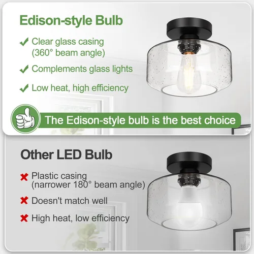 Miniatura 3 de Lámpara de techo industrial semiempotrada, bombilla LED de 800 lúmenes incluida, pantalla de vidrio texturizado, lámpara estilo granja para pasillo