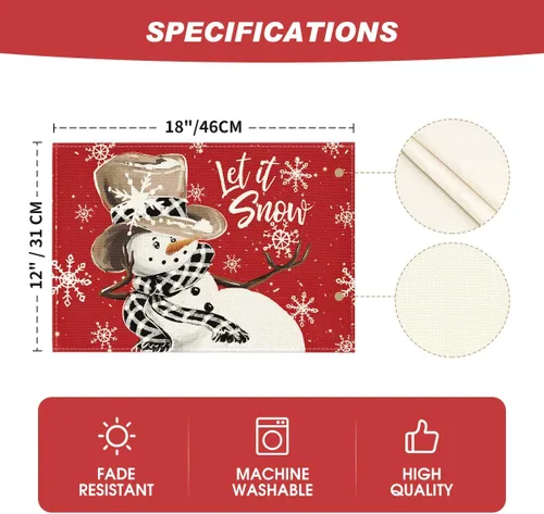 Miniatura 6 de Artoid Mode Juego de 4 manteles individuales de invierno con diseño de copos de nieve y muñeco de nieve rojo de 12 x 18 pulgadas para decoración
