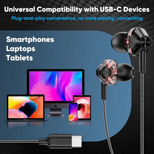 Miniatura 6 de Auriculares con cable USB-C, auriculares in-ear de doble controlador con micrófono, ajuste de cancelación de ruido, graves profundos, cable sin
