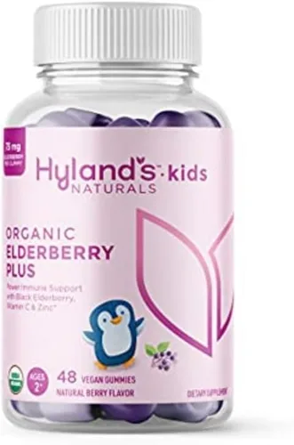 Hyland's Gomitas orgánicas de saúco Plus para niños, bayas de saúco negro orgánicas con zinc y vitamina C, apoyo inmunológico para niños, 48 gomitas