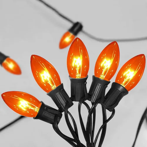 Cadena de luces vintage C9 de 25 pies con 26 bombillas naranjas, conectables para exteriores e interiores, Halloween, Acción de Gracias y decoración