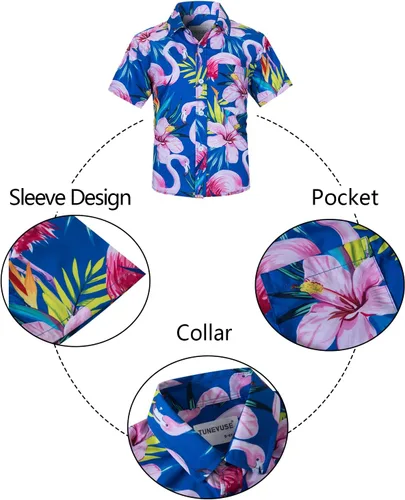 Miniatura 3 de TUNEVUSE Little & Big Boys - Conjunto de camisas hawaianas con botones y pantalones cortos con sombrero de pescador, trajes de verano estampados