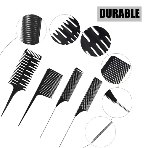 Miniatura 3 de Fox Baby Peine para peinar el cabello, 4 peines de metal negro, resaltado, estilo profesional, para estilista en casa, peluquero, tejido, teñido