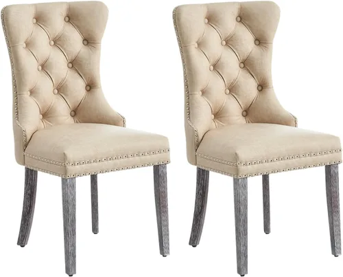 Miniatura 32 de Juego de 6 sillas de comedor de cuero, sillas de comedor tapizadas con ribete de cabeza de clavo y patas de madera maciza, silla auxiliar de comedor