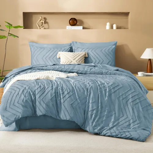 Miniatura 32 de Litanika Juego de ropa de cama con edredón tamaño King con sábanas beige - Juego de 7 piezas en una bolsa, diseño King Chevron copetudo bohemio