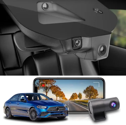 Fitcamx Cámara de tablero delantera 2K+trasera 1080P para Mercedes-Benz Clase C C300 (HD2-6329) Sedan Coupe Cabriolet 2022-2025, aspecto OEM, video