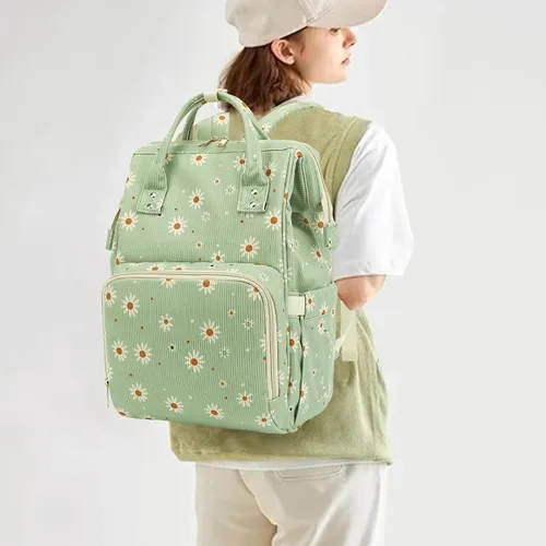 Miniatura 2 de Mochila de ante para pañales para bebés, niñas y niños, mujeres, grandes bolsas de pañales para mamá (Daisy de ante verde)