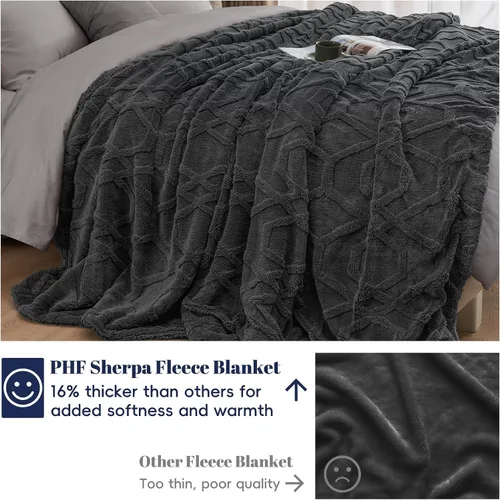Miniatura 5 de PHF Manta de Vellón Sherpa Esponjosa Tamaño Individual para Invierno, Cálida y Acogedora, 510GSM Manta de Vellón Mechudo 3D con Mechones para Sofá