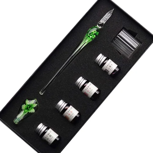 Juego de pluma de vidrio de cristal con intarsia, pluma estilográfica de inmersión, pluma vintage para caligrafía y firmas con 4 colores de tinta,
