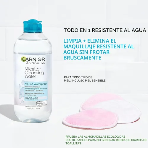 Miniatura 2 de Garnier Agua Micelar para Maquillaje a Prueba de Agua, Limpiador Facial Hidratante y Removedor de Maquillaje, Adecuado para Piel Sensible, Vegano