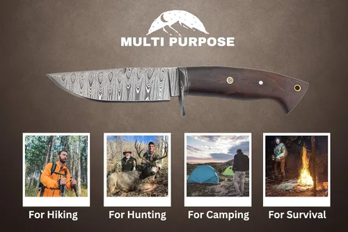 Miniatura 8 de Cuchillo de caza de Damasco hecho a mano con funda de cuero de transporte horizontal, hoja fija de espiga completa para camping, senderismo