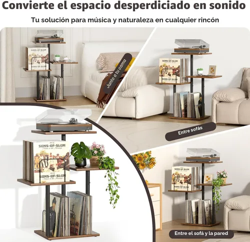 Miniatura 3 de Bikoney - Soporte Botánico para Tocadiscos con Almacenamiento de Vinilo, Mueble de Mesa para Tocadiscos de Madera con Estante para Discos LP