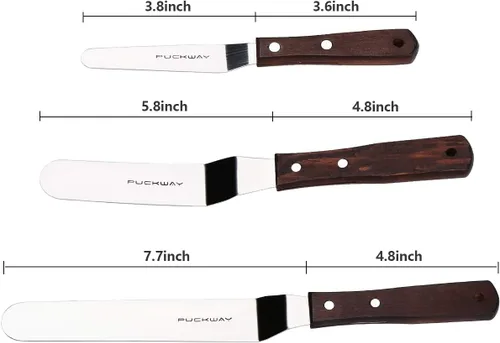 Miniatura 2 de Juego de 3 espátulas profesionales de acero inoxidable para glaseado (hoja flexible resistente de 4 a 6 a 8 pulgadas) en ángulo con mango de madera