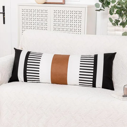 Miniatura 26 de Funda de almohada bohemia de color blanco y negro con piel, funda de cojín moderna de 22 x 22 pulgadas, funda de almohada de rayas estilo campestre