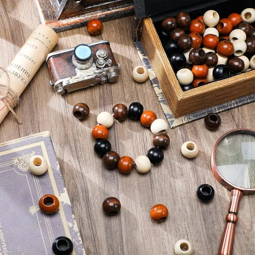 Miniatura 3 de 160 piezas de perlas de madera de barril de agujero grande, cuentas de macramé de madera natural, cuentas espaciadoras sueltas sin terminar, cuentas