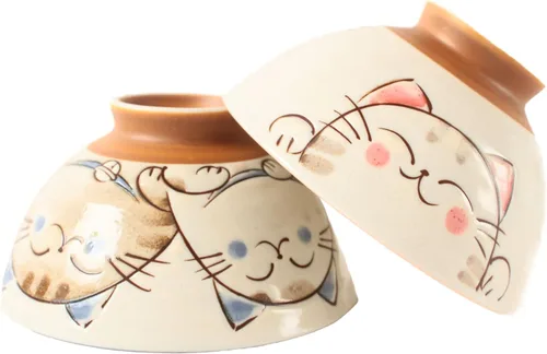 Miniatura 10 de Mino ware - Par de cuencos de arroz japoneses (2 unidades), fabricado en Japón (importación de Japón) MIG005 (gato negro)