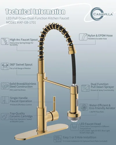 Miniatura 9 de Grifo de cocina LED, grifo de cocina de oro cepillado con dispensador de jabón y placa de cubierta, grifo para fregadero de cocina de casa rodante C