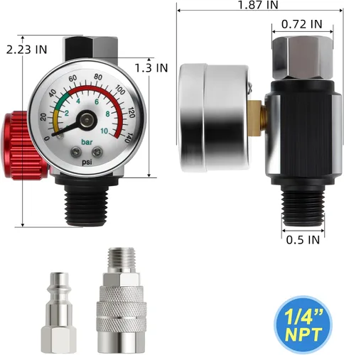 Miniatura 2 de MEANLIN MEASURE Válvula reguladora de ajuste de aire, con calibre de 140 PSI, entrada NPT de 1/4 pulgadas con calibre de 140 PSI para pistola