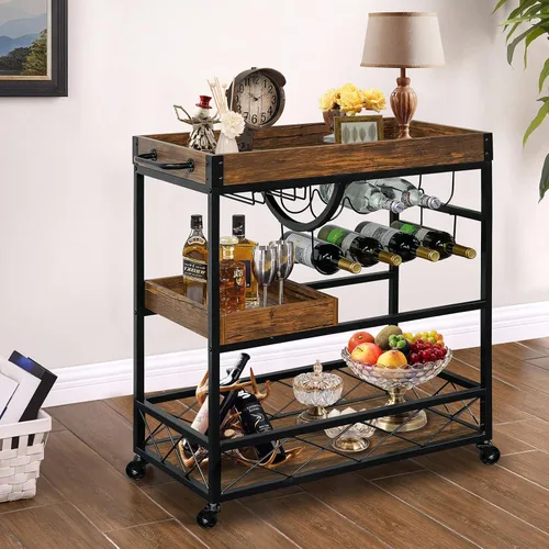 Miniatura 9 de Carrito de bar para el hogar, carrito de servicio industrial de 3 neumáticos con ruedas bloqueables, carrito de bebidas alcohólicas con 2 bandejas