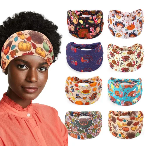 Miniatura 7 de Bohend Diademas anchas bohemias para mujer, 8 unidades, bandas elásticas antideslizantes para el cabello atléticas y yoga