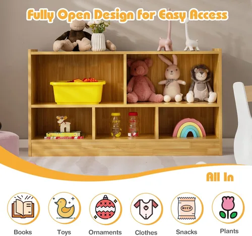 Miniatura 5 de KOTEK Organizador de almacenamiento de juguetes, estantería infantil de 5 cubos, estantería de madera de 3 niveles, estante abierto para guardería