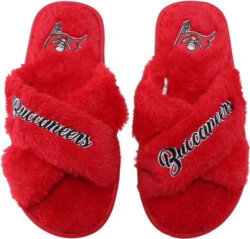 Miniatura 6 de FOCO Pantuflas deslizantes cruzadas mullidas con logotipo de texto del equipo NFL para mujeres