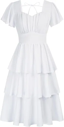Belle Poque Vestido de verano con volantes escalonados y cuello cuadrado para mujer, estilo vintage, manga corta, en capas, acampanado, vestido midi