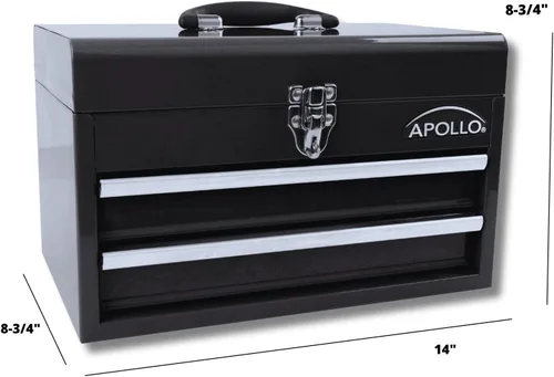 Miniatura 7 de Apollo Tools - Caja de herramientas de acero de 14 pulgadas con compartimento superior profundo y 2 cajones de acero resistente con apertura de Negro