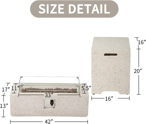 Miniatura 4 de SUNBURY Mesa de fuego de propano para exteriores de 42 pulgadas, mesa rectangular con tanque de 40,000 BTU, mesa de gas blanca manchada para patio