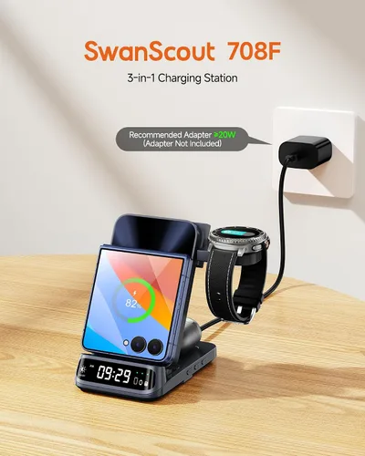 Miniatura 5 de SwanScout Cargador inalámbrico para Z Flip 7/7 FE/6/5/4/3, estación de carga inalámbrica 3 en 1 para Galaxy Watch 8 Classic/8/Ultra/7/FE/6/5/Buds 3