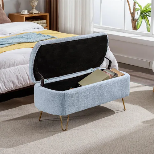 Miniatura 3 de Polibi Banco de almacenamiento, banco otomano de piel sintética con patas doradas, acolchado tapizado con almacenamiento para lado de la cama, Azul