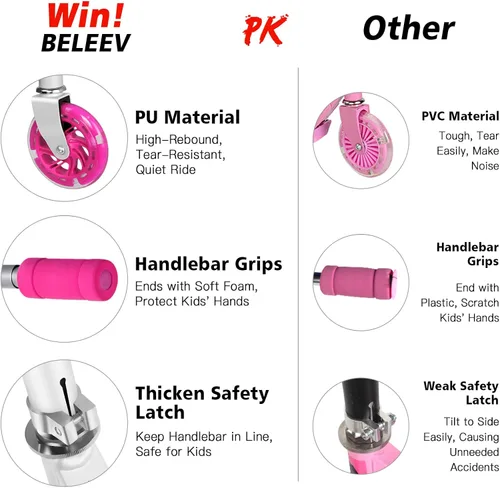 Miniatura 7 de BELEEV V1 Patinetas para niños, patineta plegable de 2 ruedas para niños y niñas, 3 alturas ajustables, ruedas iluminadas, patineta ligera con Rosa