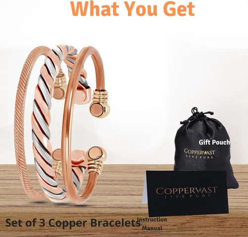 Miniatura 3 de Coppervast Pulseras de cobre para hombre y mujer Juego de 3 con bolsa de regalo Hecho a mano 100% cobre