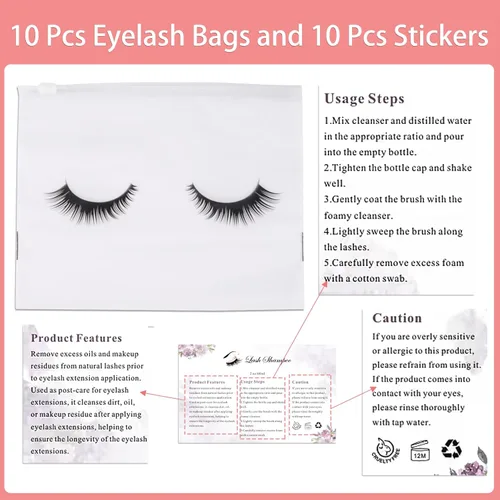 Miniatura 6 de Kit de limpieza de extensiones de pestañas para clientes, 10 cepillos de pestañas, 10 cepillos de limpieza de pestañas con tubos, 10 botellas